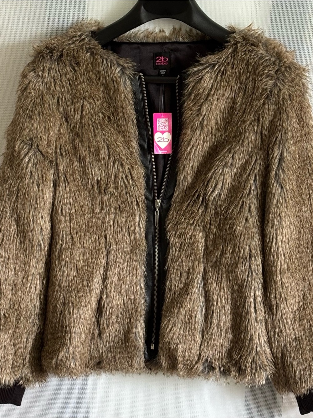 bebe Brown Faux Fur Bomber Jacket with Zip Front